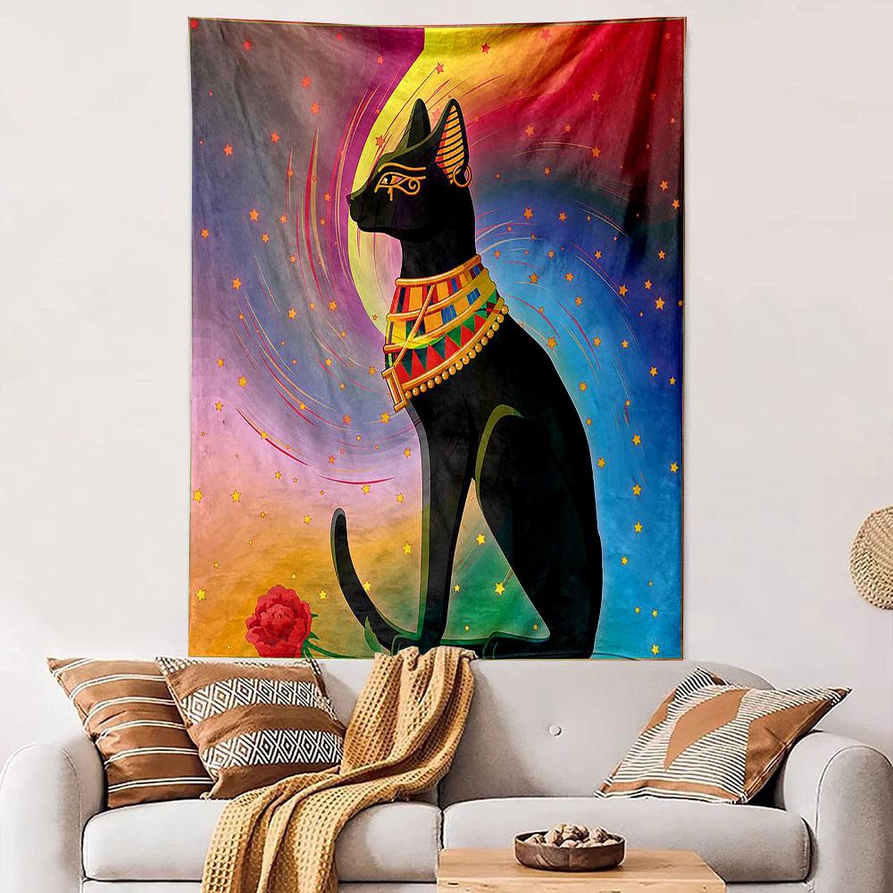 "Egyptian Black Cat with Colorful Nebula" Patterned tapestry home decor, suitable for bedroom and living room, gift