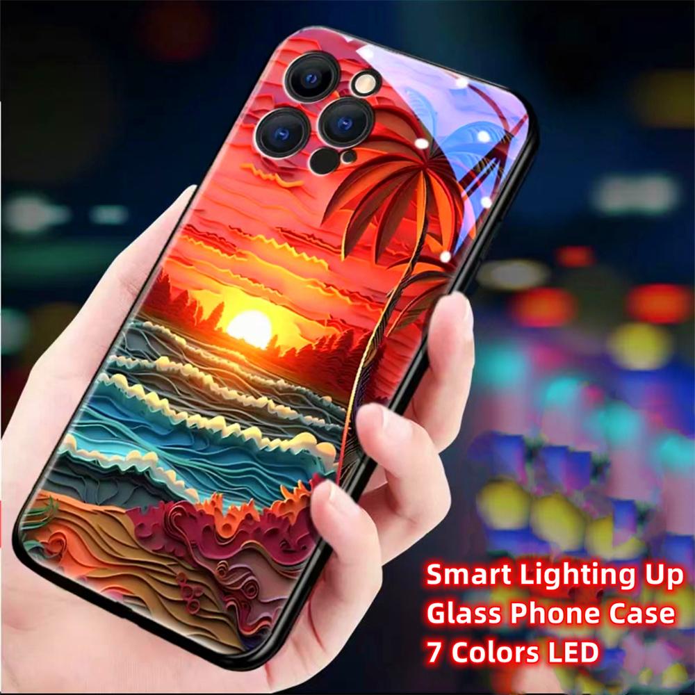 Luminous Phone Case Meteor Beach Luminous Glass LED Call Flash Phone Protective Case Suitable for IPhone