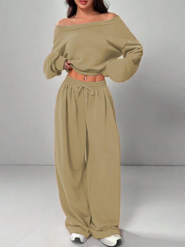 2025 Женский повседневный свитшот на одно плечо и вязаный комплект - Однотонный, Свободный крой, Варианты с коротким и длинным рукавом