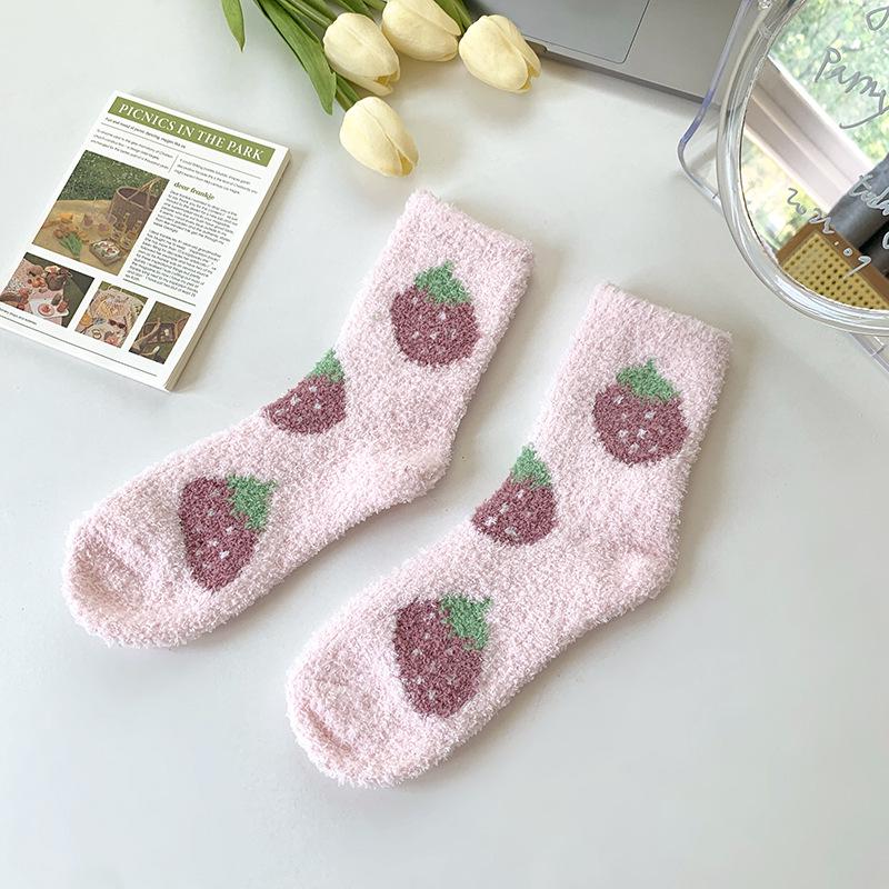 Women's Coral Fleece Cherry Cream Sleep Socks - Thick, Furry, Mid-Tube Winter Socks