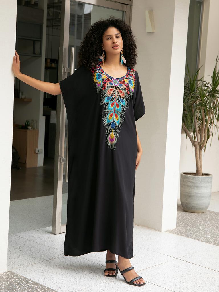 Женские макси-платья с вышивкой в виде павлиньих перьев, накидки для купальников, летние кафтаны, купальные костюмы, распродажа