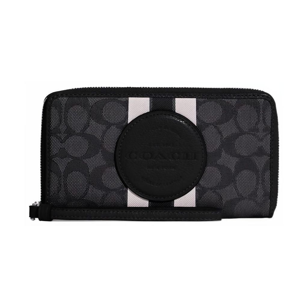 Coach Кошелек Dempsey 18 с круглым логотипом, полосками, жаккардом, фактурной кожей, женский, черный C9073-SVRT6