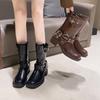 2025 Brown Leather Boots British Style Thick Heel Retro Martin Boots Women's Summer Spring and Autumn Knight Boots Cowboy Western New
