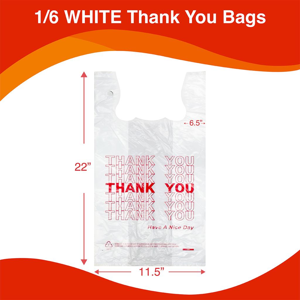 Heavy Duty Thank You T-Shirt Carry Bags, White, 1000 Count, 11.5 x 6.5 x 22 in, HDPE Grocery Shopping Bags