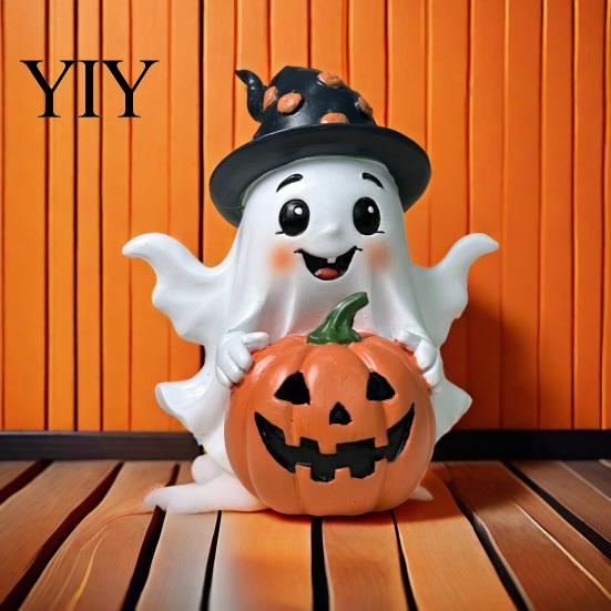 Creative Holiday Gifts for Friends Halloween Ghost Decoration, Holding Pumpkin Resin Figurine with Witch Spooky Table Ornaments Hat, Cute Tabletop