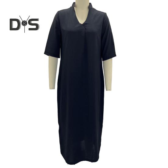 Summer Dress Three-quarter Sleeves Side Slit Loose V Neck Midi Dress with Pockets Solid Color Pleated Pullover Calf Length Casual Dress