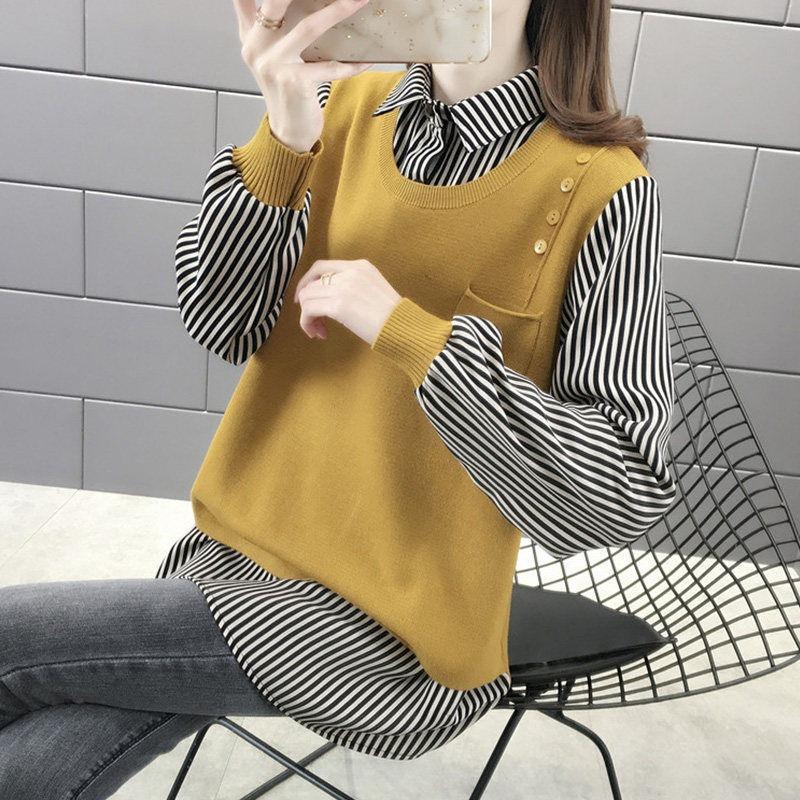 Осенний женский свитер, верхняя одежда, свободный свитер, лоскутная рубашка с воротником, искусственный трикотаж из двух предметов