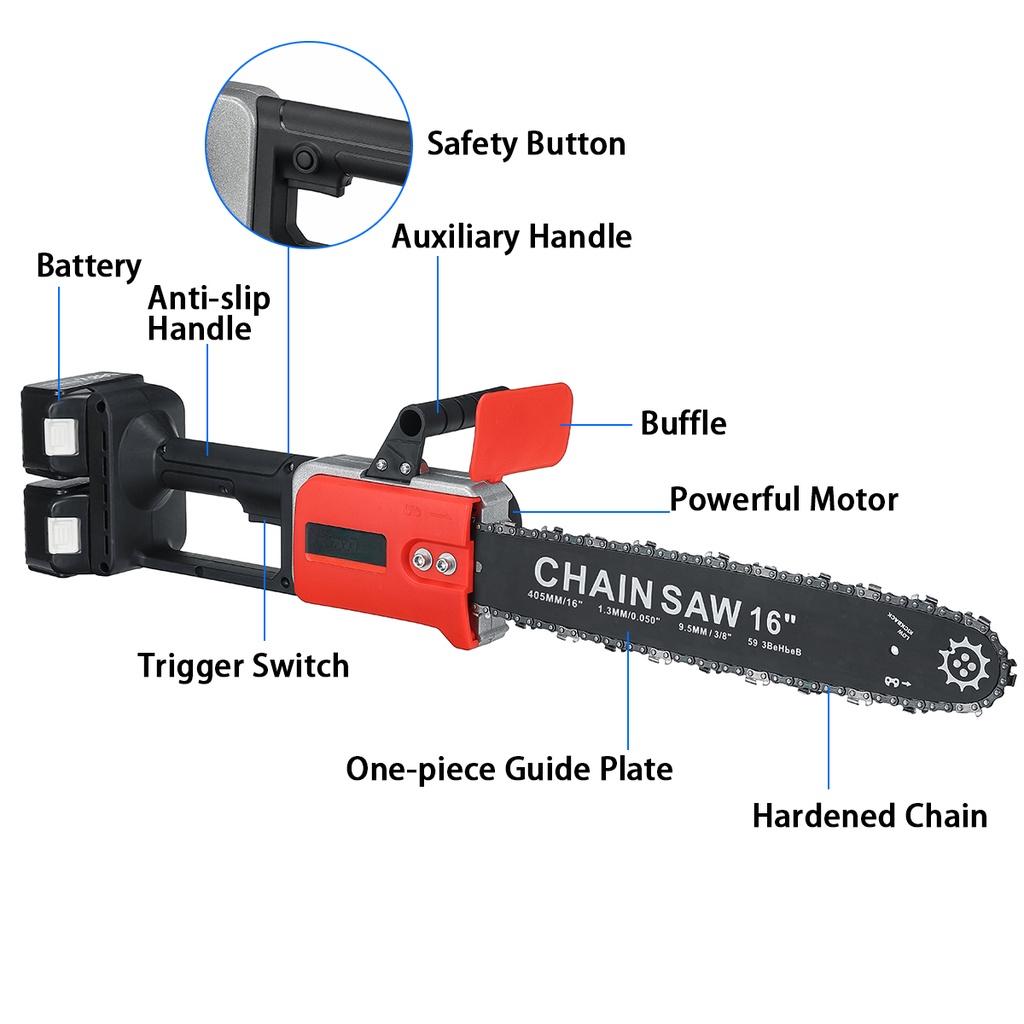 16 дюймов Электрическая бензопила Аккумуляторная 2 аккумулятора Высокомощный двигатель Садовый деревообрабатывающий режущий инструмент Для аккумулятора 588VF 3000 Вт
