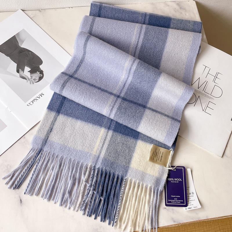 100 Pure Wool Scarves, Men's Winter Dark Blue Plaid Cashmere Scarves, High-end Gifts for Boyfriend, Father, and Elders