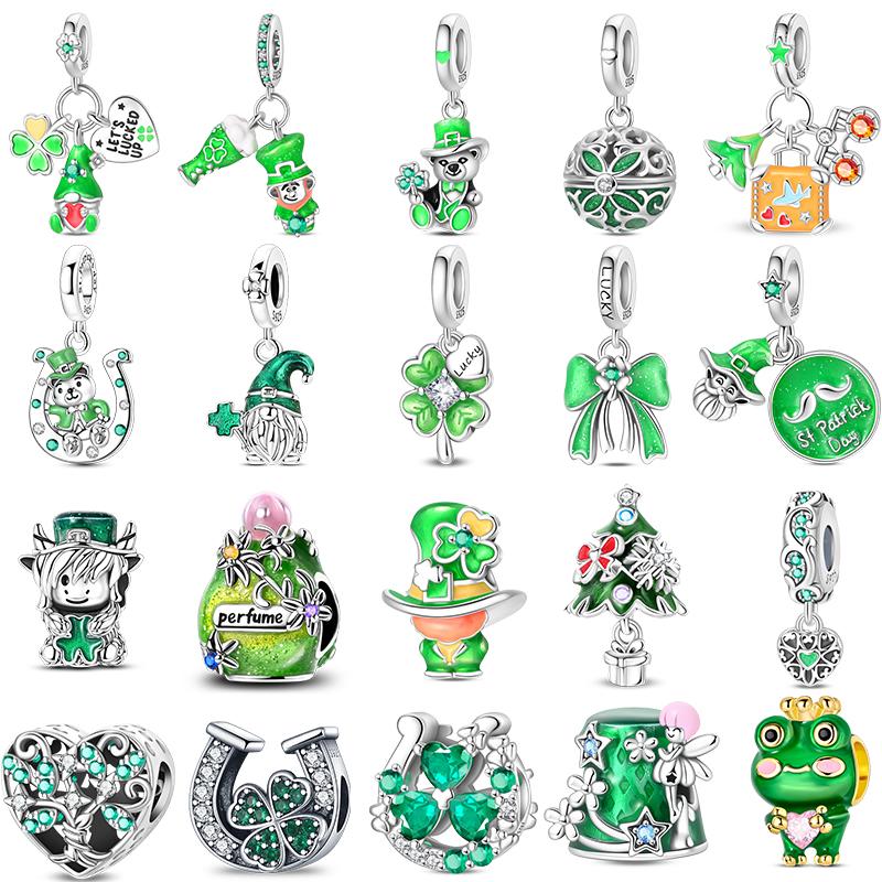 925 Silver Green St Patricks Clover Pendant DIY Charm Beads for Bangle Charms Bracelet Women Jewelry