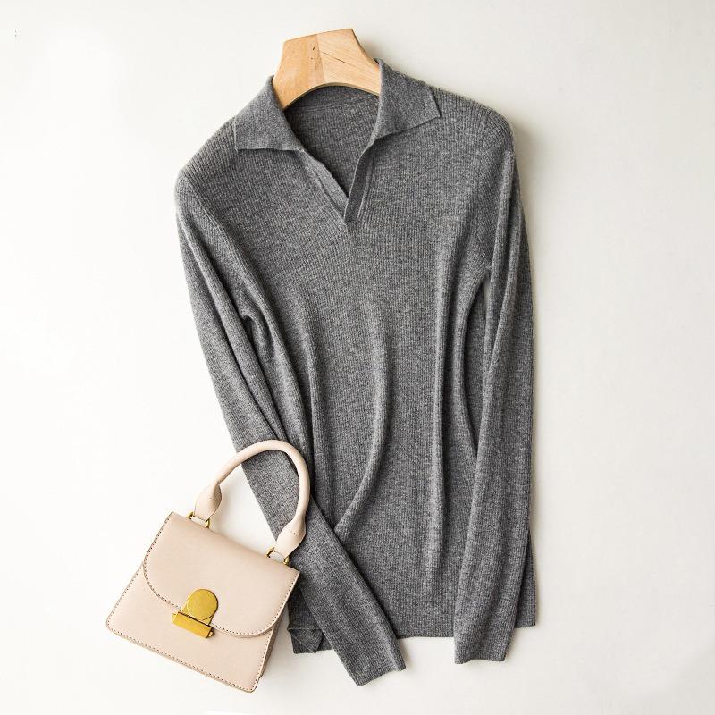 Трикотажные пуловеры с вырезом поло, свитера, женские осенне-зимние рубашки для начинающих, рубашка с длинным рукавом и отложным воротником, короткие джемперы, однотонные топы, один размер