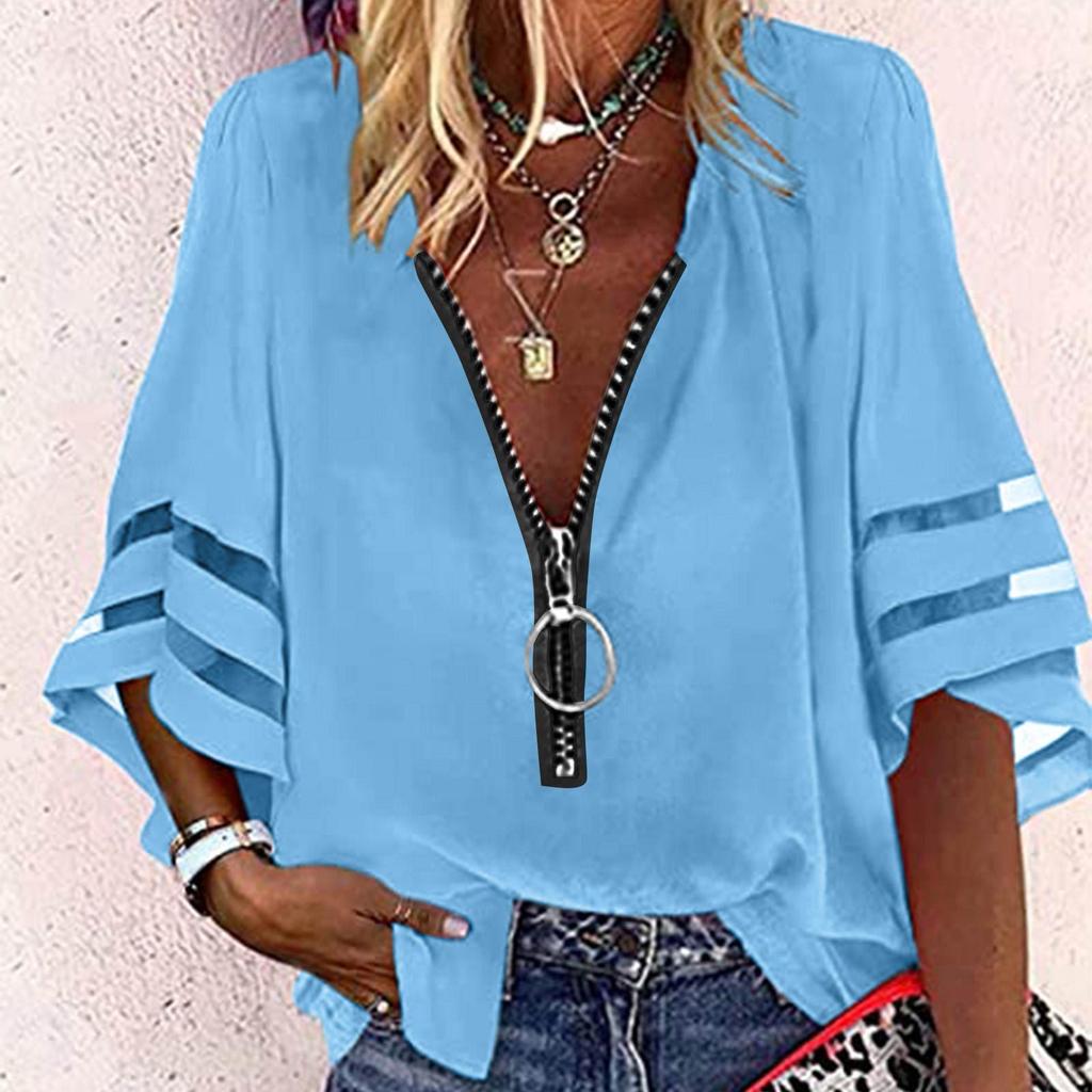 Women's Fashion Solid Colour Casual Loose Mid Sleeve Patchwork T-Shirt Top