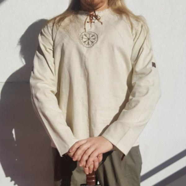 Medieval Men's Old-fashioned Tops Vintage Linen Shirt Ancient Viking Embroidery Retro Cosplay Costume Plus Size Long Sleeve T-shirt