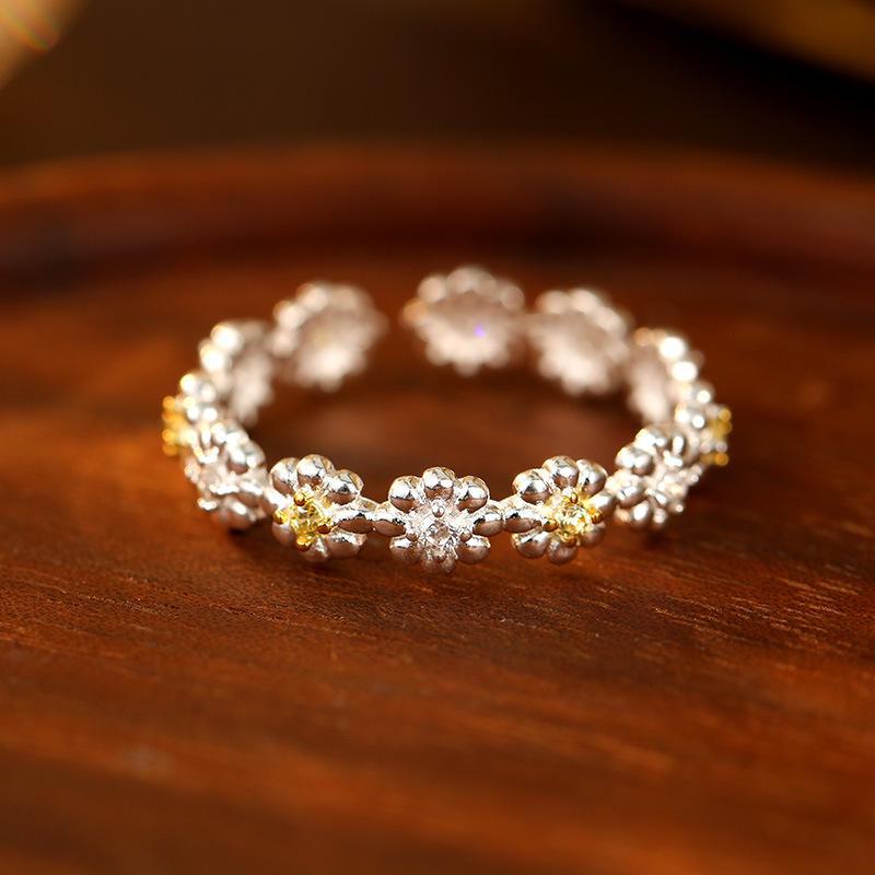 Кольцо Banyan Tree S925 Silver Zircon Flower Open Ring - Sweet Temperament Pastoral Design