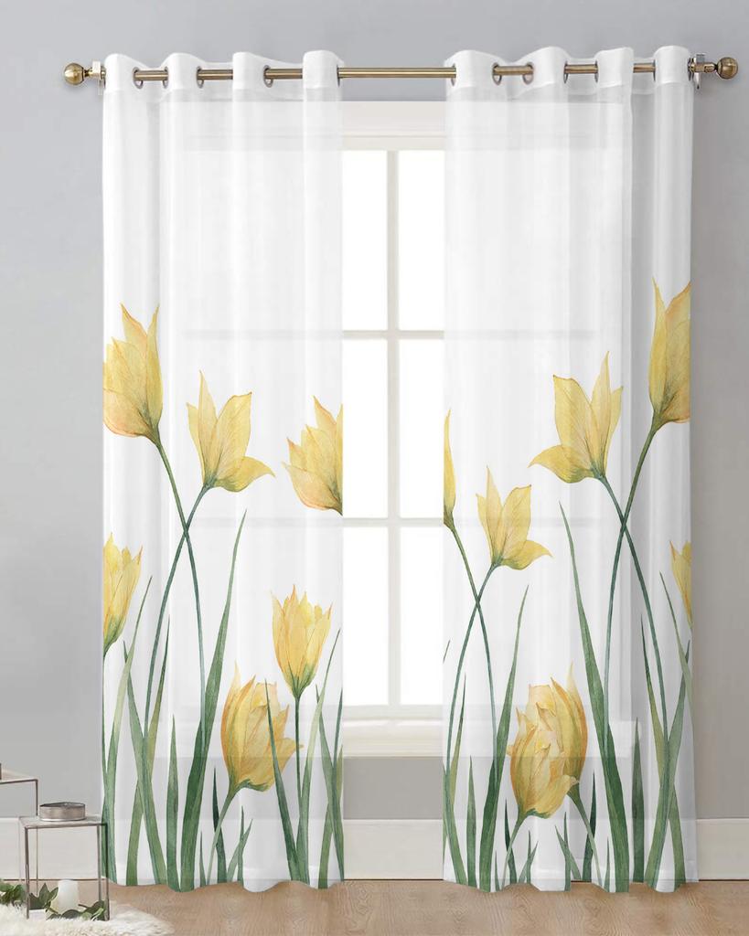 Желтый тюльпан Цветок Белые прозрачные шторы для украшения гостиной Шторы на окна для кухни Тюль Вуаль Шторы из органзы