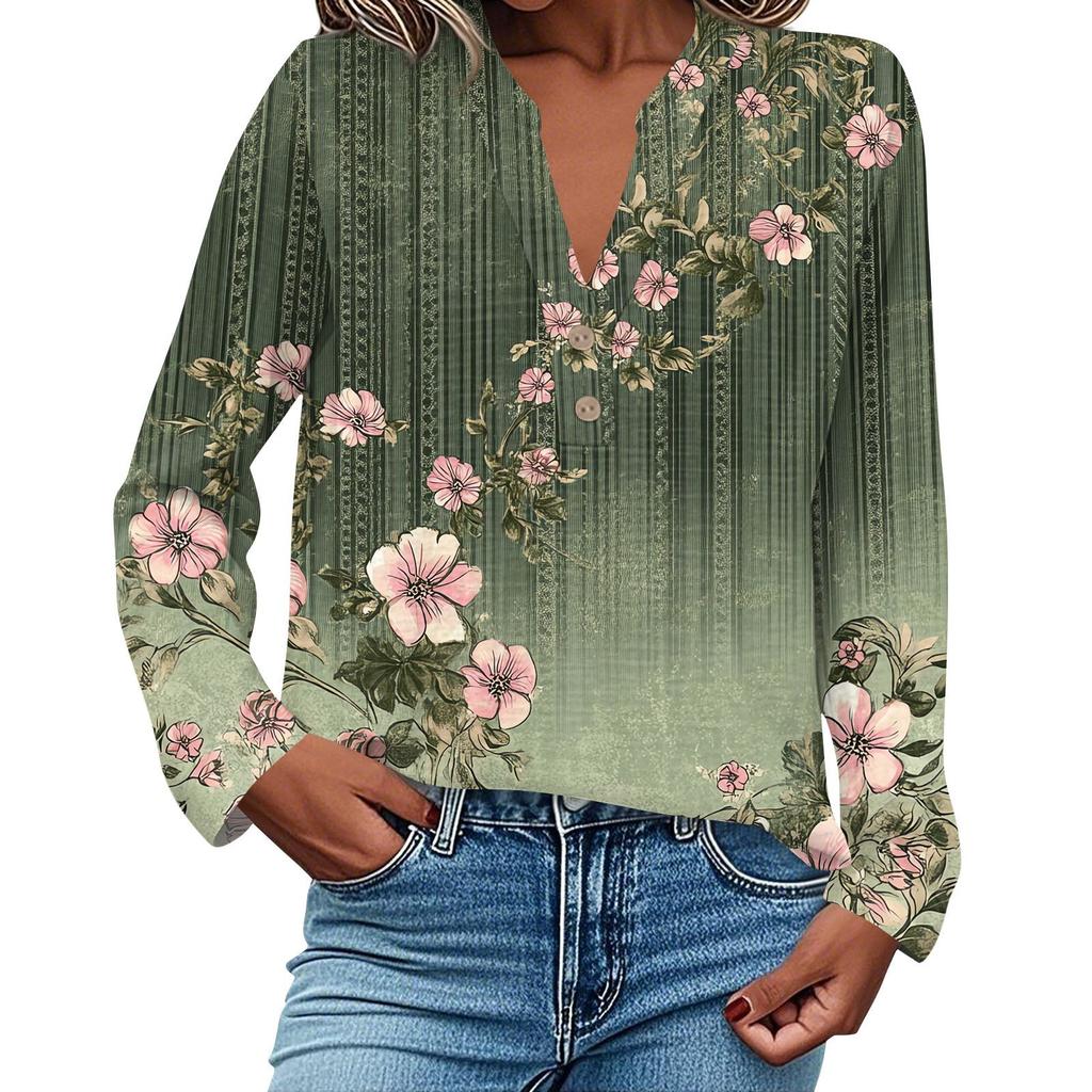 Женская модная и повседневная рубашка с длинным рукавом, V-образным вырезом, на пуговицах, с принтом, блузка, топ