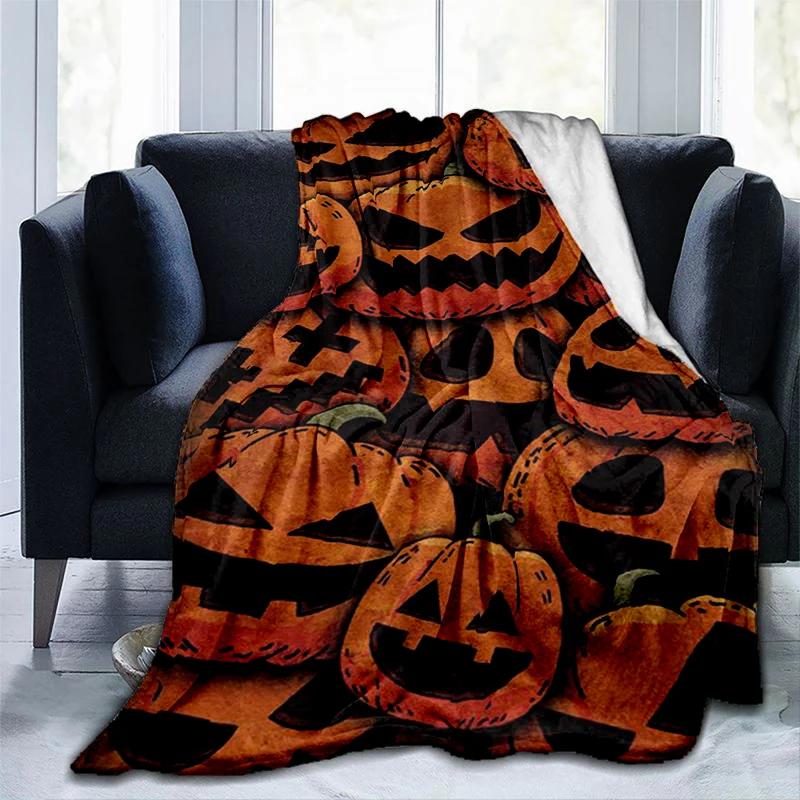 Halloween Pumpkin&horror Ghost Printed Blanket, Fashionable Warm Flannel Blanket, Sofa Bed Cover Blanket, Halloween Gift