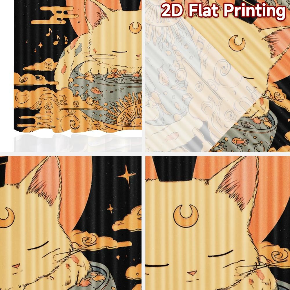 2D flat printing 2pcs Window Curtains Celestial Cat Cosmic Music Digital Printed Polyester Drapes Family Party Decoration Use