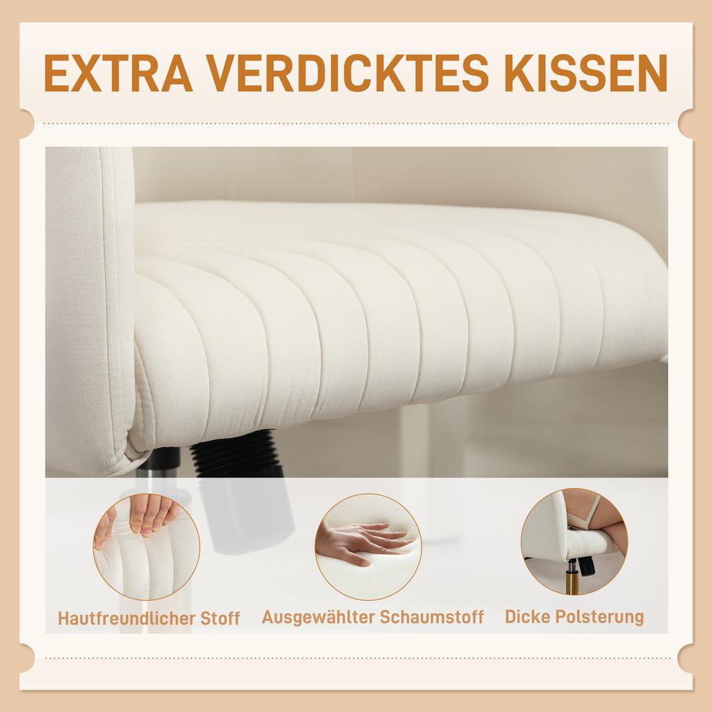 Rollable Desk Chair with Velvet-Look Cover, Height-Adjustable Office Chair, Tilt Function, Cream White