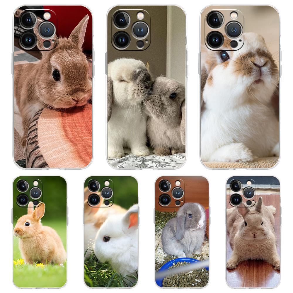 Cute White Baby Rabbits Luxury Phone Case For iPhone 16 15 14 13 12 11 Pro Max XS X XR SE 7 8 Plus soft Silicone Clear Cover