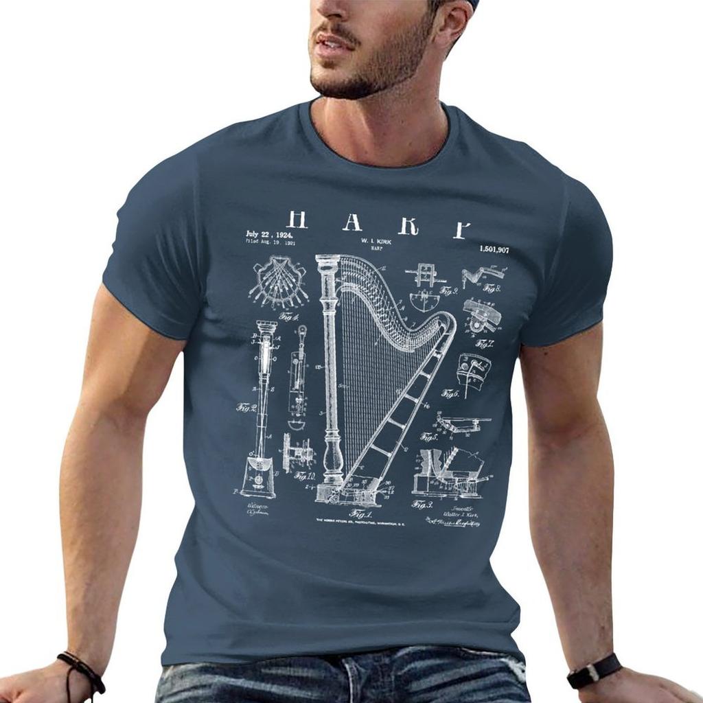 Harp Vintage Patent Harpist Drawing Print T-Shirt Cotton T Shirts Man 100% Printed T Shirts for Man Man T Shirts for Men T-Shirt