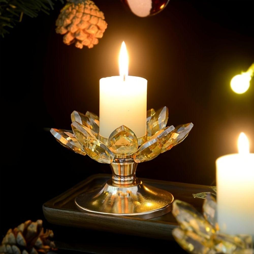 Metal Base Lotus Candle Holder Non-slip Clear Flower Candles Stand Crystal Lotus Candlestick Party