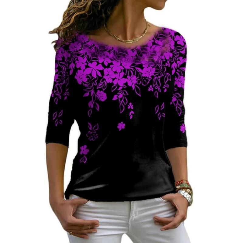 Осенняя универсальная женская футболка с длинными рукавами и цветочным принтом, обычный повседневный топ в стиле ретро с круглым вырезом и разноцветным принтом в стиле бохо