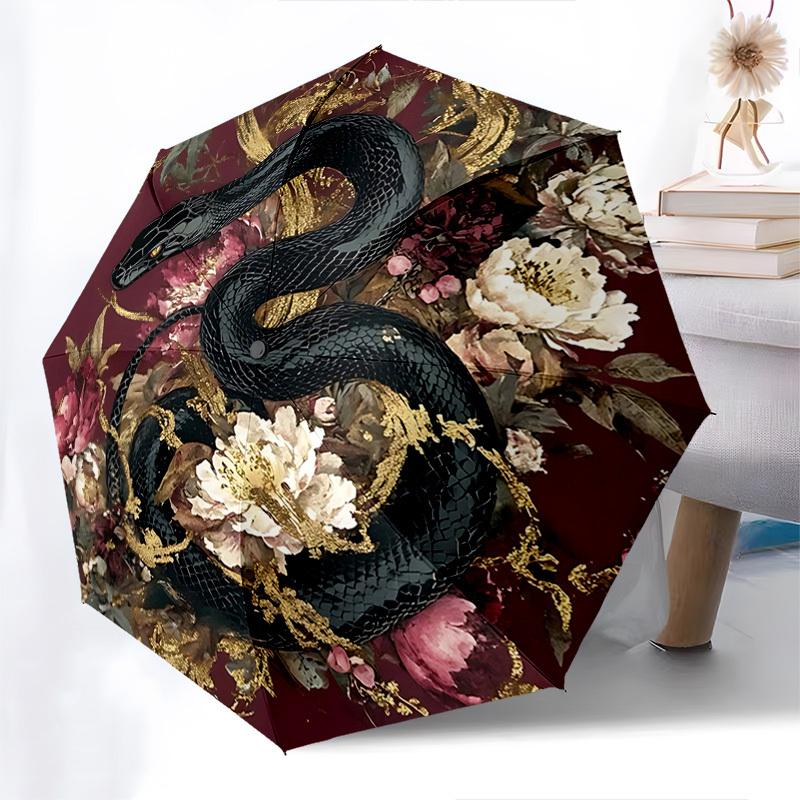 Snake, Floral Themed Automatic Opening and Closing Umbrella, Brightly Colored 8 rib Portable Umbrella, Suitable for Men and Women, A Perfect