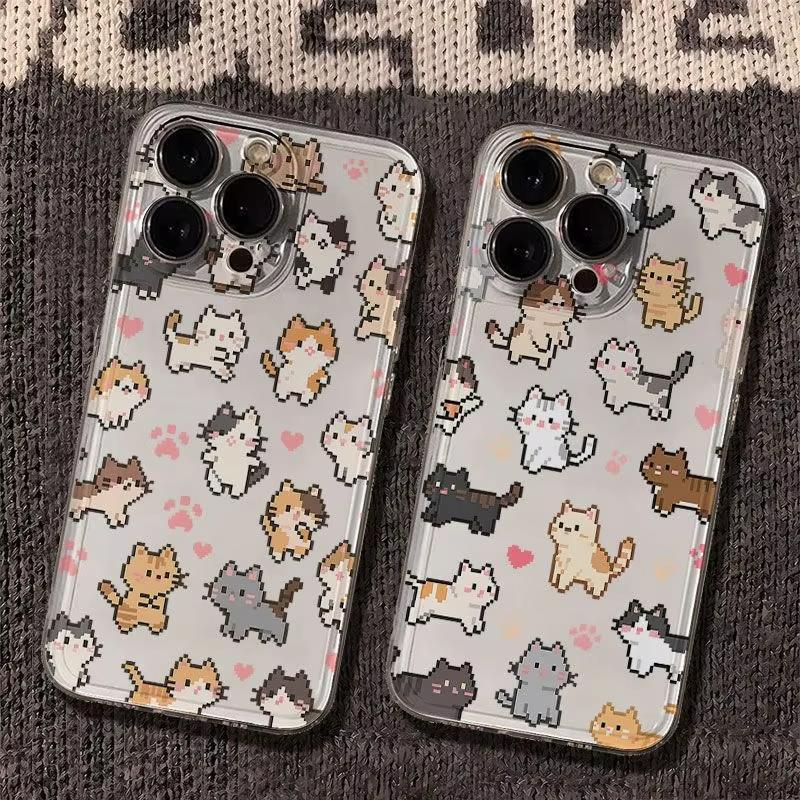 Pixel Style Cat and Paw Print Phone Case for iPhone 17 16 15 14 13 12 11 16E Series Pro Max Plus Double Layer Protection