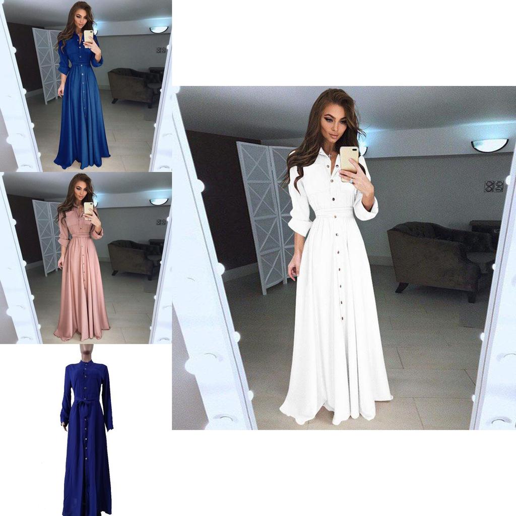 Sleeve Long Women Button Dowm Maxi Dress Evening Party Casual Dress Shirt