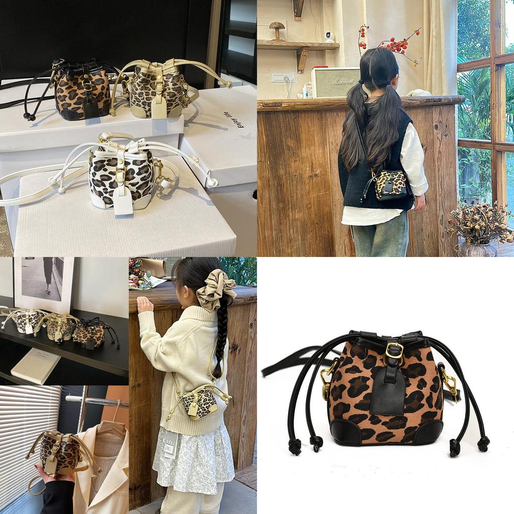Childrens Retro Leopard Print Drawstring Water Bucket Bag With Pu Material For School And Casual Use