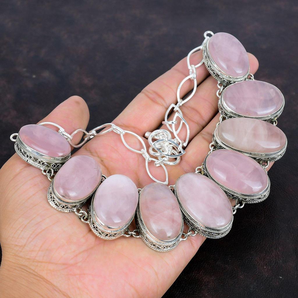 Rose Quartz Necklace Handmade Necklace Vintage Jewelry 925 Sterling Silver Necklace Adjustable Chain Necklace Gemstone Necklace Gift For Mom