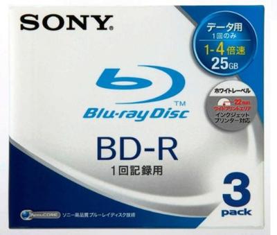 Sony Сделано в Японии, данные записываются однократно, тип односторонний, 1 слой, 25 ГБ, 4-кратная скорость печати, 3 листа, 3BNR1DBPJ4 BD-R