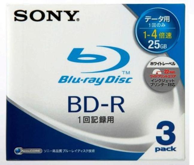 Sony Сделано в Японии, данные записываются однократно, тип односторонний, 1 слой, 25 ГБ, 4-кратная скорость печати, 3 листа, 3BNR1DBPJ4 BD-R