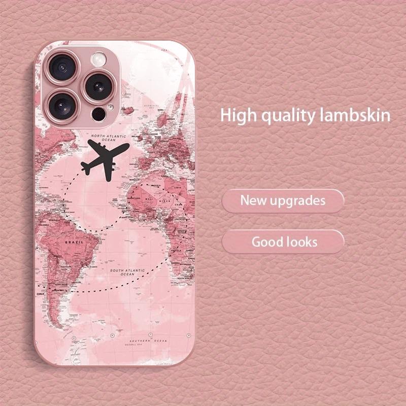 Простая Карта Узор Самолет Розовый Металлик Стекло Чехол для Телефона Для iPhone 17 16 15 14 13 12 11 Pro Max 15 Plus 17Air 16E Чехол