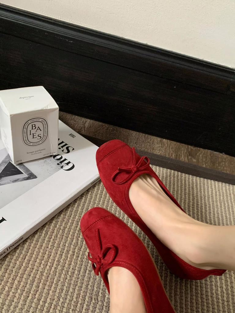 Cowhide Version~ French Bow Leather Ballet Shoes Women's Small Heel Single Shoes Mary Jane Ballet Flat Shoes Low Heel