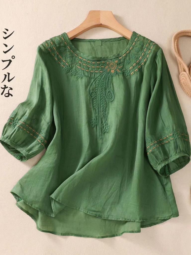 Bohemian Cotton Linen Embroidered Shirt Summer Loose Fit Casual Top
