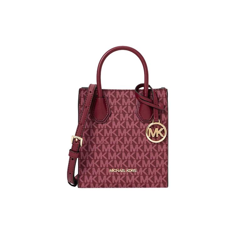 Michael Kors MK Mercer 15 Классическая сумка-тоут с принтом монограммы, на магнитной застежке, из покрытого холста, маленькая женская сумка-тоут, Sangria 35T1GM9C0I-587