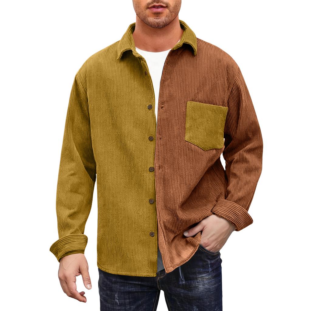 Mens Shacket Patchwork Long Sleeve Button Down Corduroy Shirts For Men