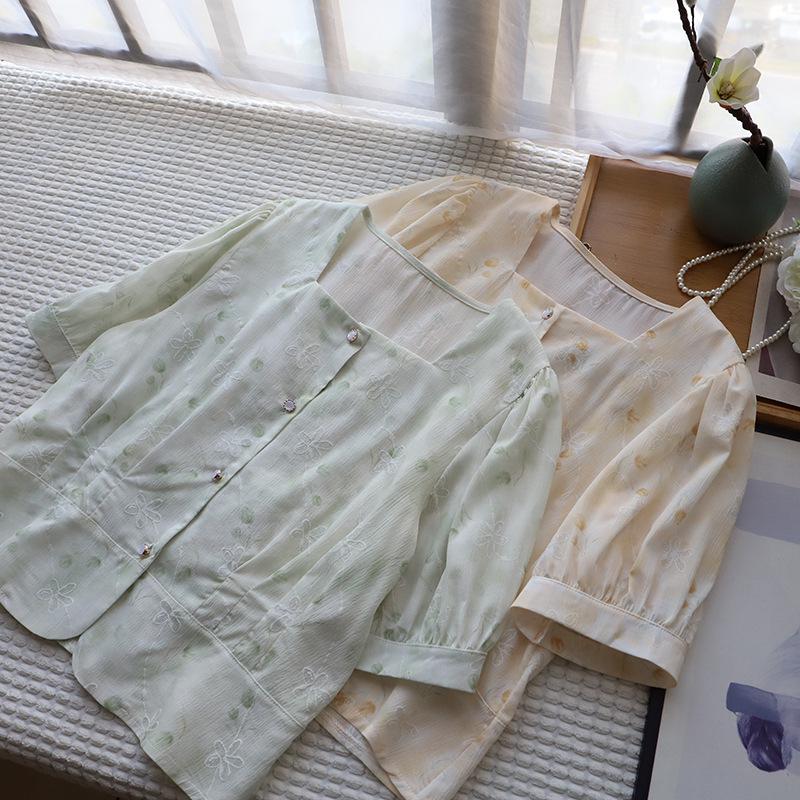 Летний топ 2025 года с квадратным вырезом и цветочным принтом из шифона с рукавами-буфами для женщин