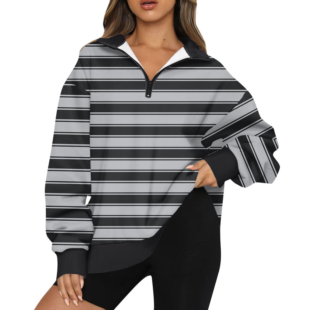 Women's Fashion Lapel Striped Printed  Long Sleeve Zip Sweatshirt Top