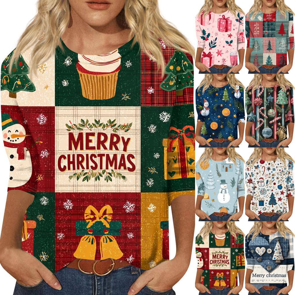 Women's Fashion Casual Round Neck Three-quarter Sleeve Christmas Print T-shirt Top