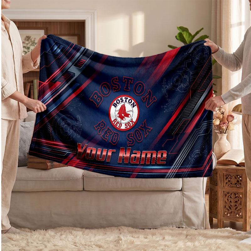 Boston Red Sox Flannel Blanket, Custom Name Text Personalized Soft Throw Blanket Home Decor Gift
