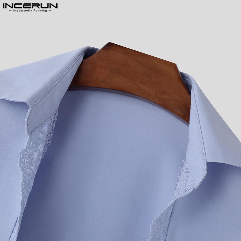 INCERUN Mens Deep V Neck Lace Hem Long Sleeve Irregular Bow Knot Loose Shirts Tops