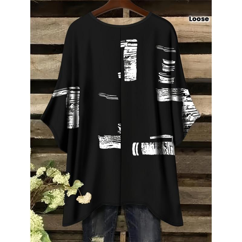 Большой размер, Женская повседневная футболка большого размера с коротким рукавом - Фиолетовый цветочный принт, Эластичный полиэстер, Круглый вырез, Можно стирать в машине, Комфорт круглый год