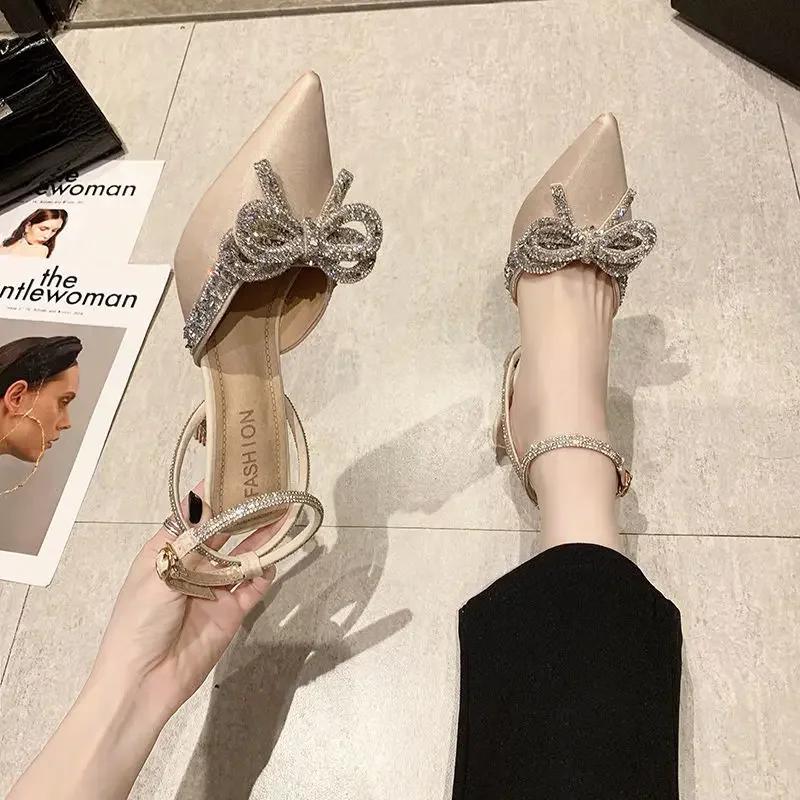 Women's Crystal Sandals Classic Fairy Bow High Heels Summer New Water Diamond Fine Heel Bridesmaid Wedding Shoes