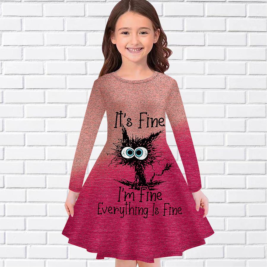 Повседневное платье для девочки с английским принтом кота и круглым вырезом, длинными рукавами, детское платье принцессы