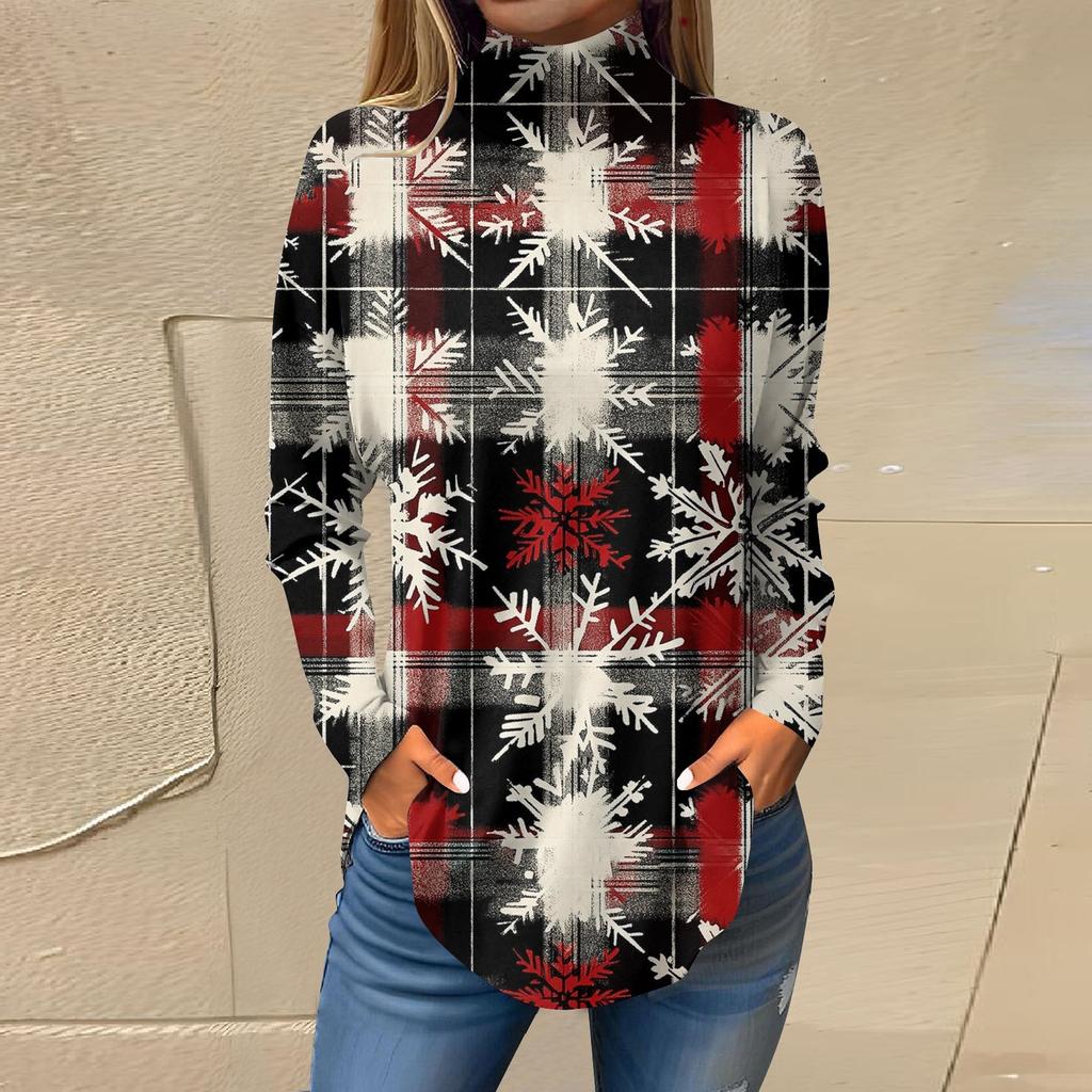 Женская модная повседневная футболка с длинным рукавом с высоким воротом и принтом, пуловер, топ