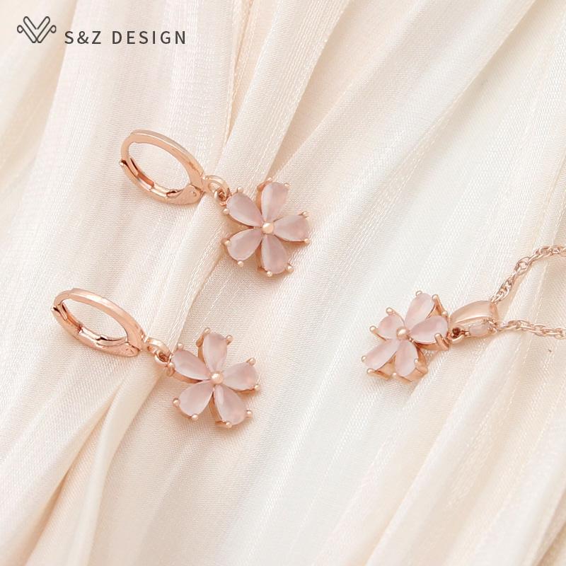 Stylish Rose Gold Color Cute Cubic Zirconia Flower Drop Earrings Jewelry Sets For Women Wedding Elegant Fashion Pendant Necklace