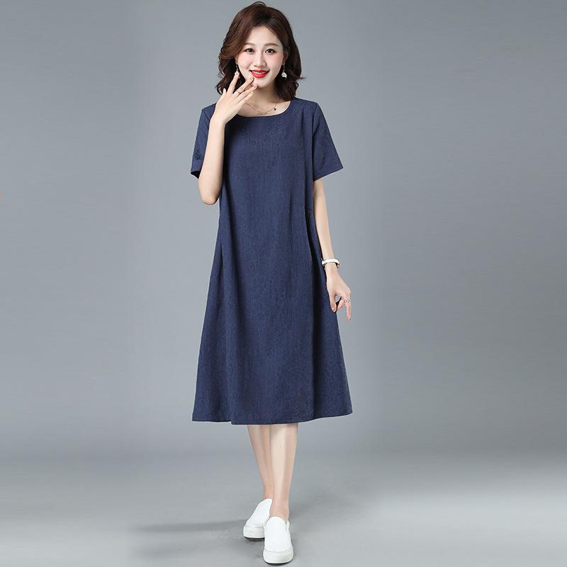 Summer Artistic Loose Jacquard Cotton Linen Round Neck Short Sleeved Dress for Women Mid To Long Length Casual Dresses